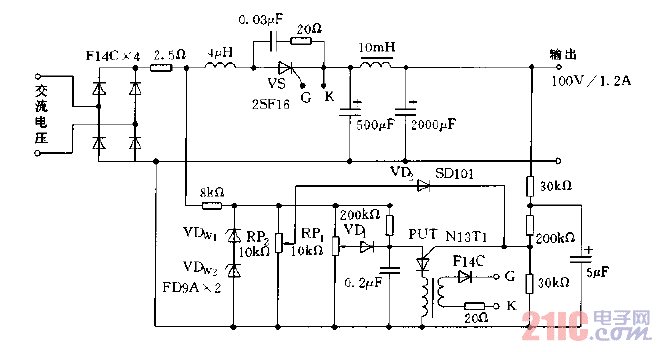 采用晶闸管构成的输出100V，1.2A的稳压电源电路图.gif