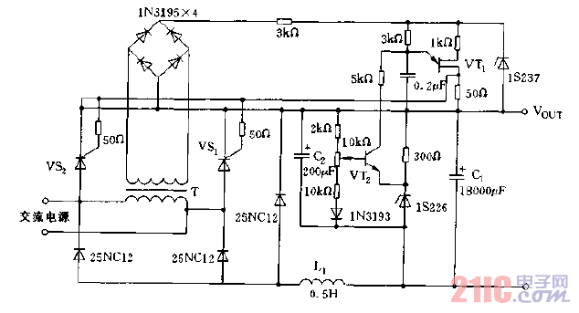 采用晶闸管构成的输出10A电流的稳压电源电路图.gif