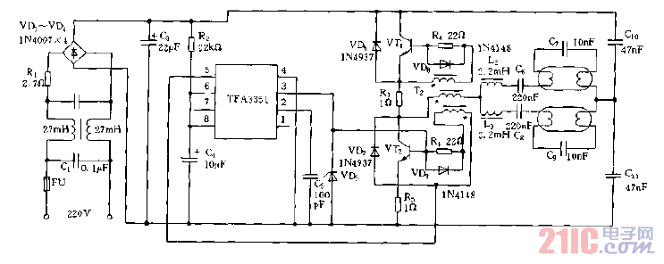 TFA3351构成的电子镇流器电路图.gif