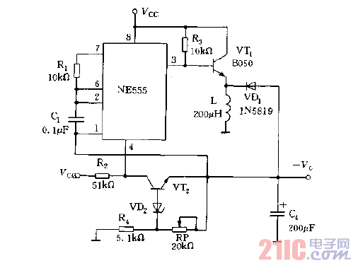 NE555构成的稳定可调节的负输出电压的电路图.gif