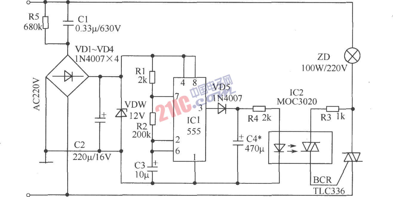 光电耦合器组成的警示灯电路图