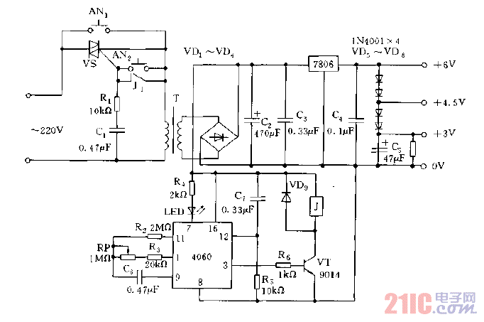 采用7806等构成的定时供电稳压电源电路图.gif
