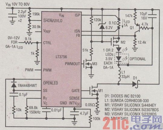 基于LT3756的80VIN降压模式LED驱动器电路图