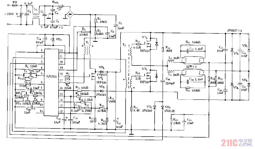 KA7531构成的电子镇流器电路图.gif