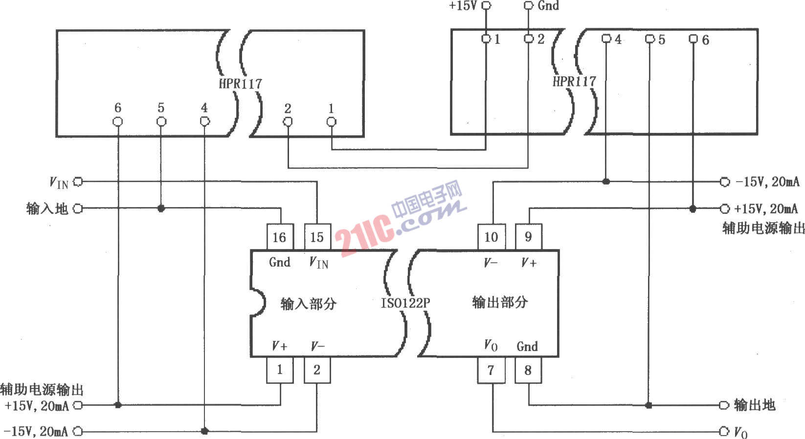 ISO122P／124具有三端口的电源隔离放大电路图