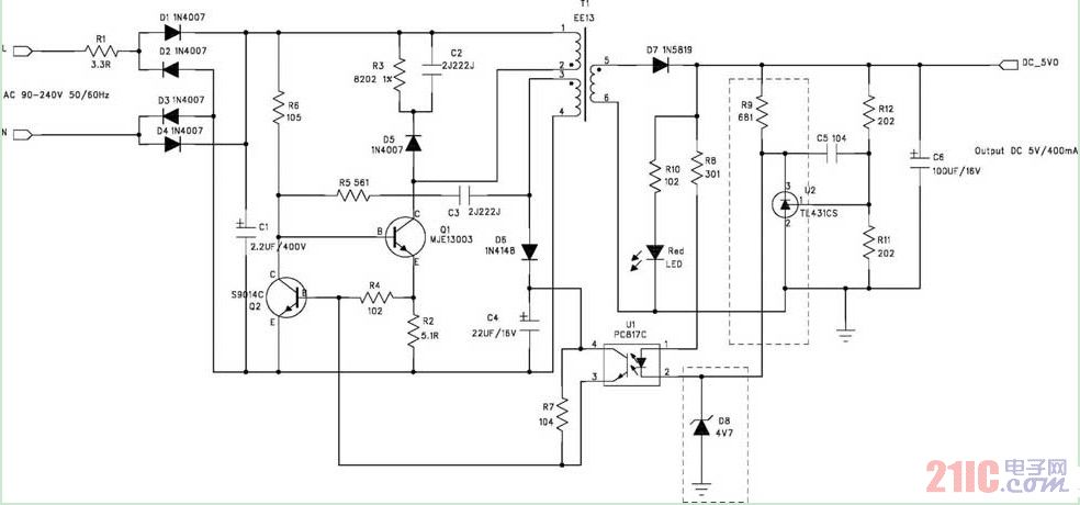 RCC 5V/400mA 开关电源电路图