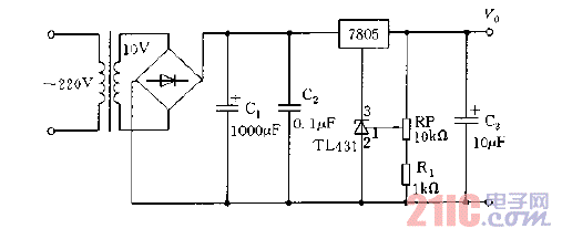 TL431与7805构成可调稳压电源电路图.gif