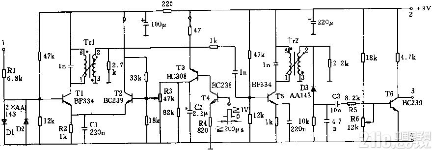 回声探测距离用超声波接收器电路图