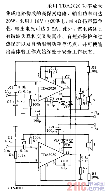 采用正负电源的20W高保真立体声电路.gif