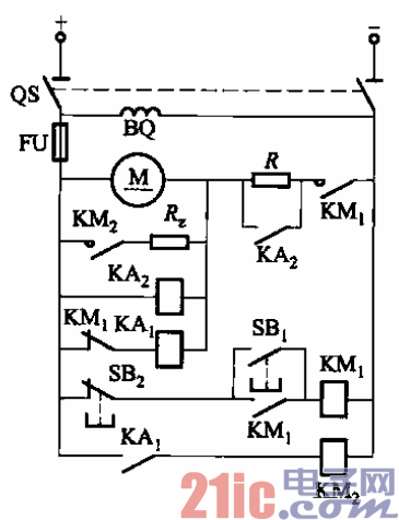 196.直流电动机电枢串接电阻启动能耗制动单向运转电路之一.gif