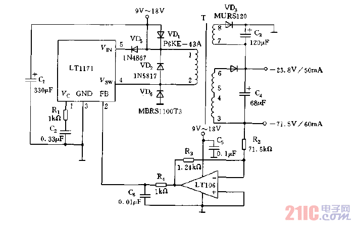 采用LT1171构成的电流型回扫式电源电路图.gif