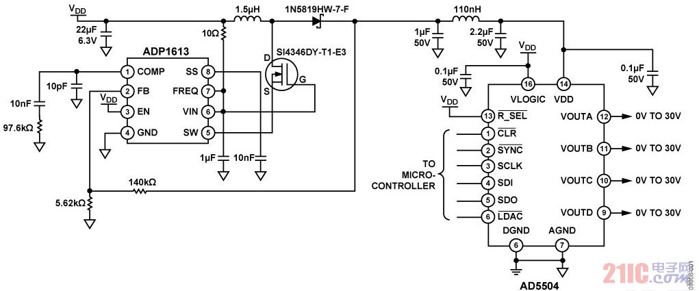 升压电源和高压DAC为BST电容提供调谐信号电路图