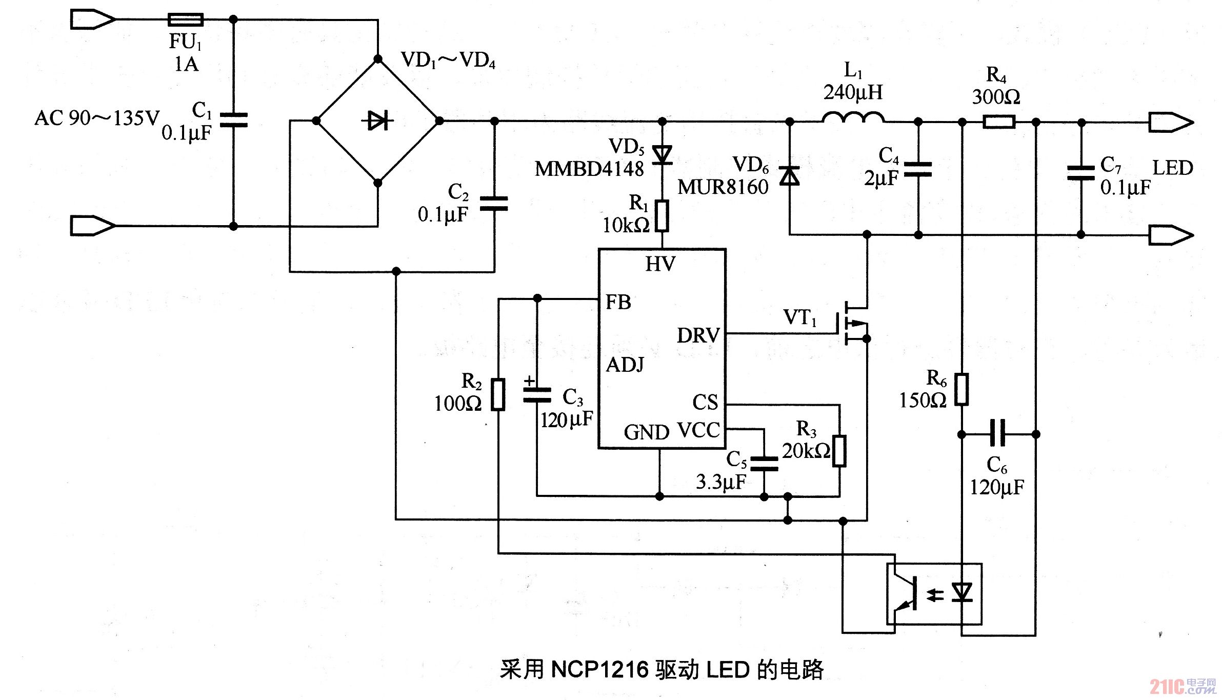 采用NCP1216驱动LED的电路.jpg
