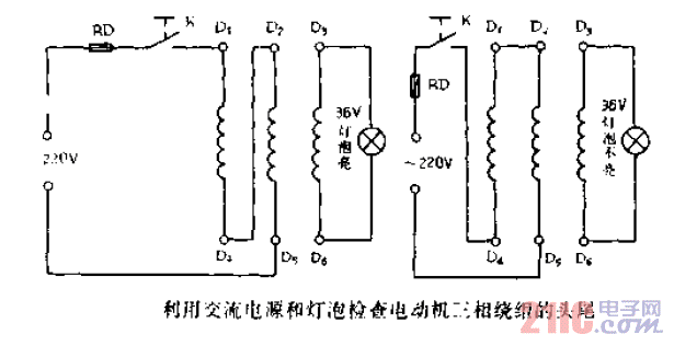 利用交流电源和灯泡检查电动机三相绕组的头尾.gif