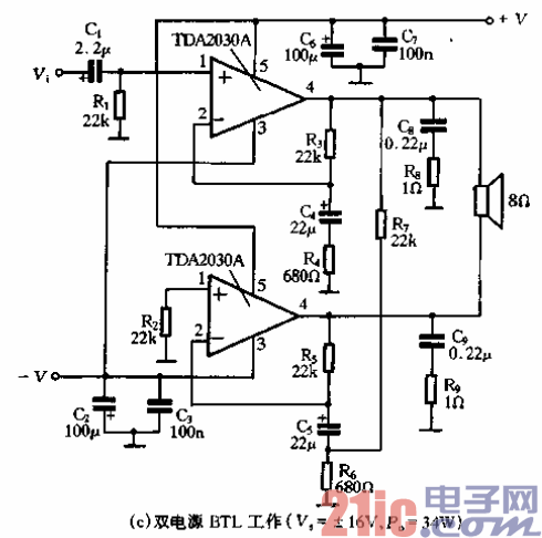 62.TDA2030A的应用电路-双电源BTL工作.gif