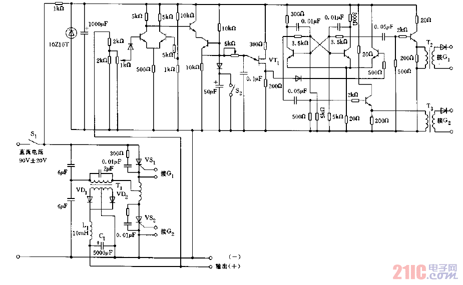 采用晶闸管构成的输出24V,8A的稳压电源电路图.gif