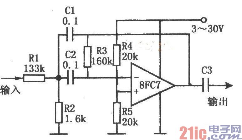 单电源低电压带通滤波器(8FC7)电路图