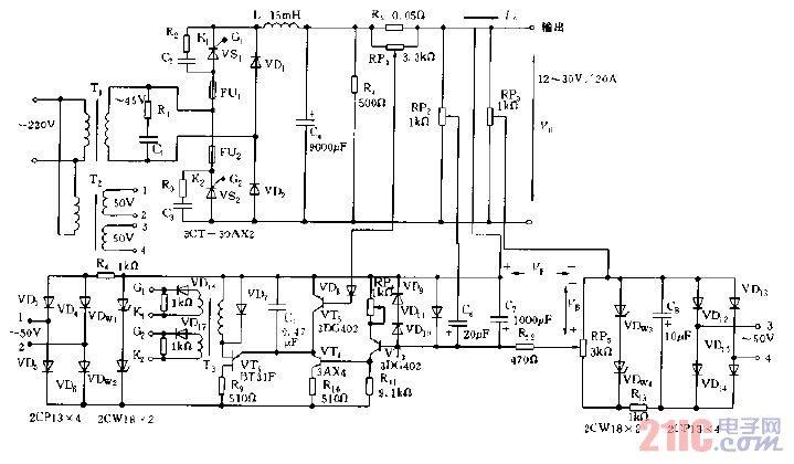 采用晶闸管构成的输出12V-30V，20A的稳压电源电路图.gif
