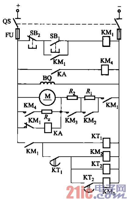 198.直流电动机电枢串接电阻启动能耗制动单向运转电路之三.gif