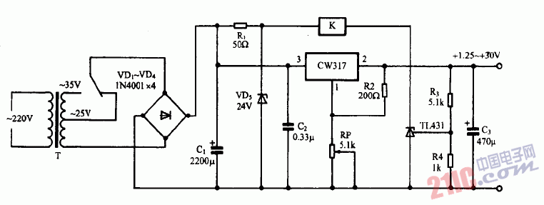 巧用TL431作自适应可调稳压电源电路图
