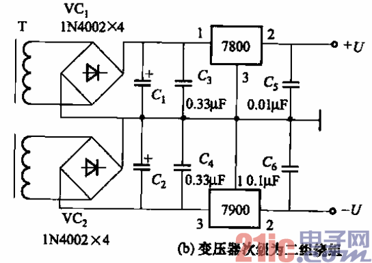 52.三端固定集成稳定器双极性稳压电源电路b.gif