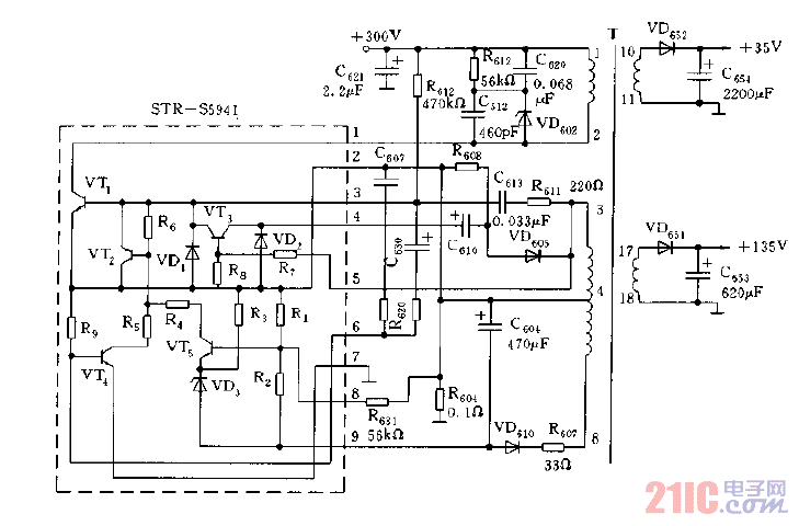 STR-S5941构成的开关电源电路图.gif