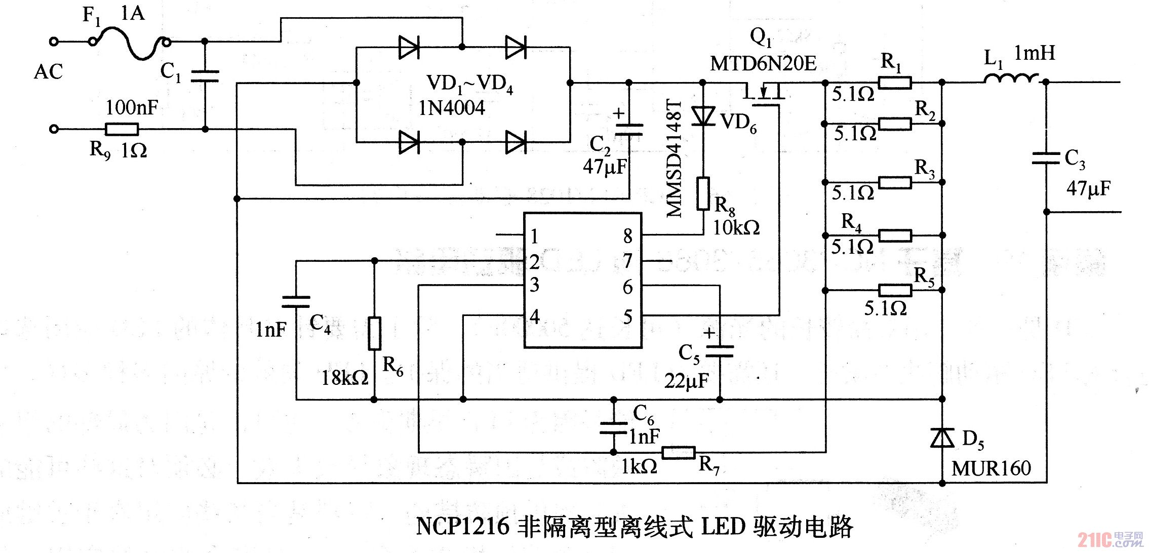 NCP1216非隔离型离线式LED驱动电路<br />
.jpg