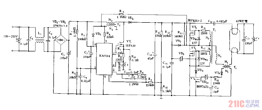 KA7514控制的40W荧光灯的电子镇流器电路图.gif