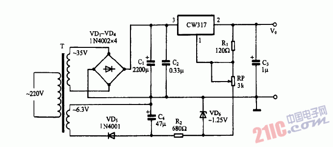 巧用CW317作0-30V可调稳压电源电路图