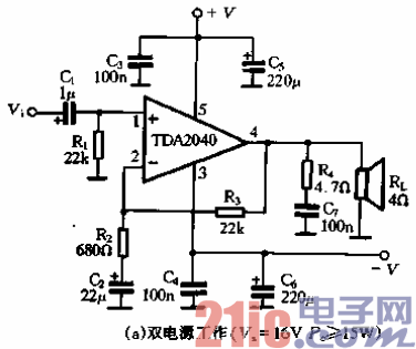63.TDA2040（A）的应用电路-双电源工作.gif