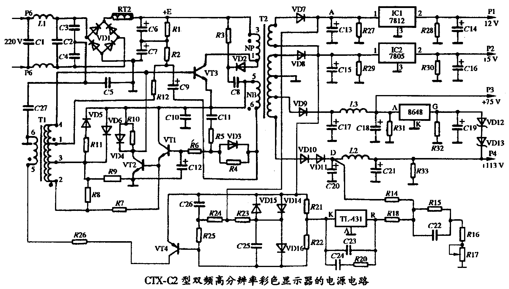 CTX-C2 型双频高分辨率彩色显示器电源电路.gif