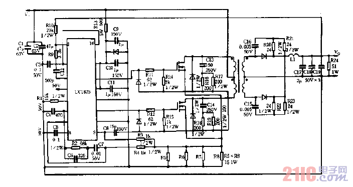 用UC1825组成50W，1.5MHZ开关电源电路图.gif