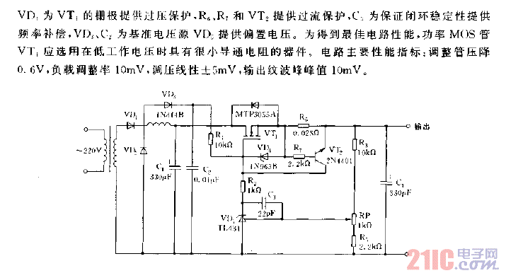 采用功率MOS管的低压降线性稳压电源电路图.gif