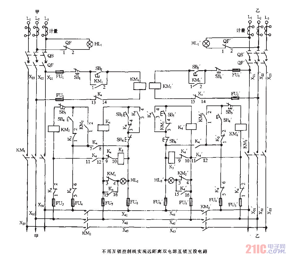 不用互锁控制线实现远距离双电源互销互投电路.gif