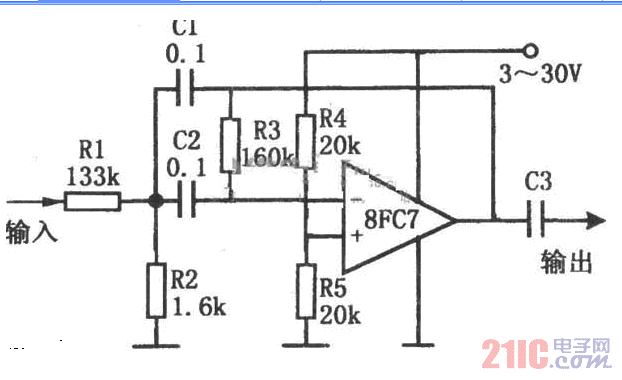 单电源运放8FC7组成的带通滤波器电路.gif