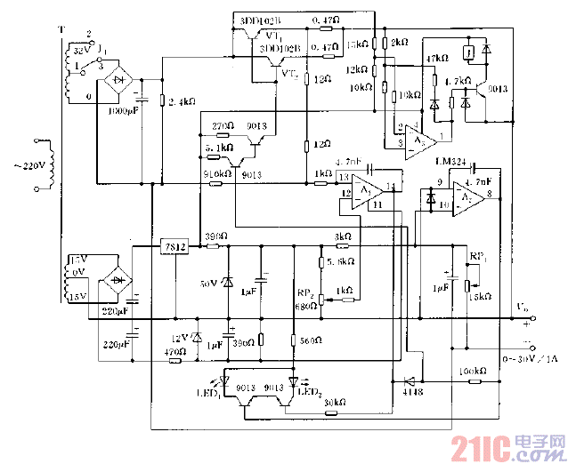 采用晶体管的稳压稳流型直流电源电路图.gif