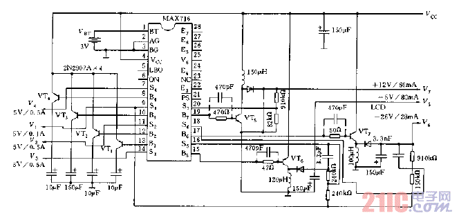 MAX716构成的微处理机电源电路图.gif