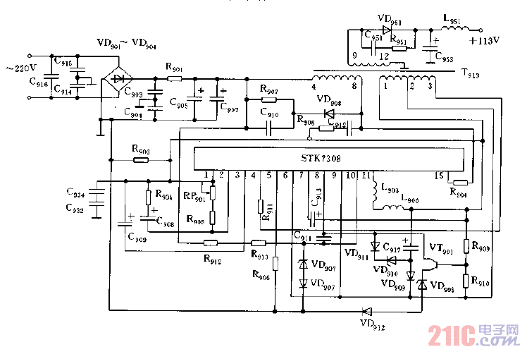 采用STK7308构成的彩色显示器开关电源电路图.gif