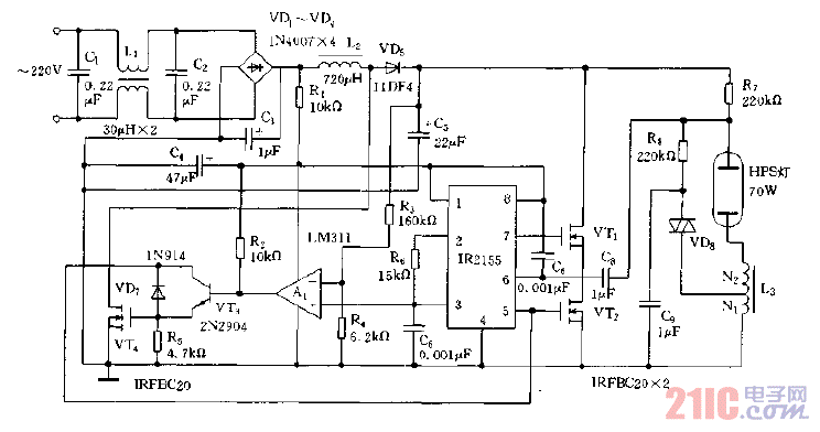 采用IR2155构成的高压钠灯电子镇流器电路图.gif