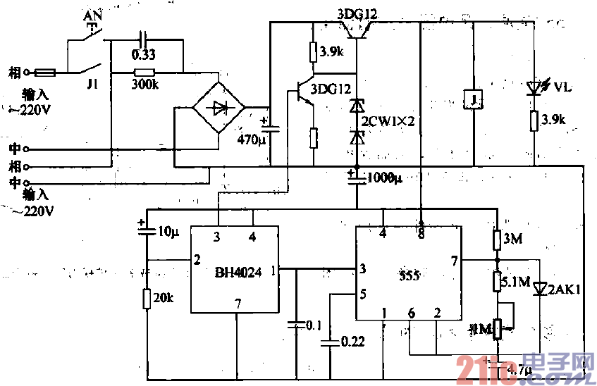 14.4h的交流电源定时器（555，BH4024）电路.gif