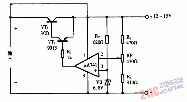巧用UA741作稳压电源比较放大器电路图