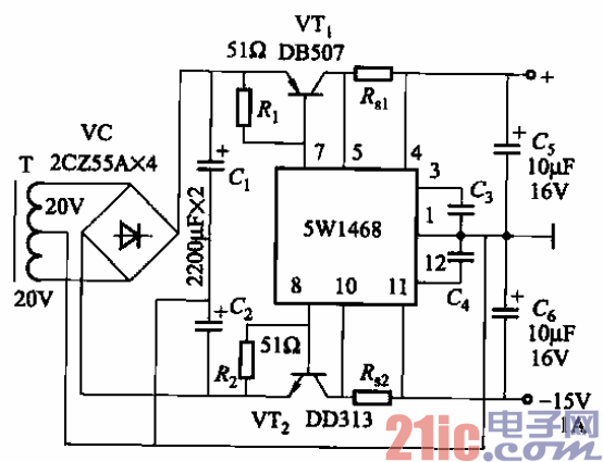 67.采用SW1468稳压块的双极性稳压电源电路之二.gif