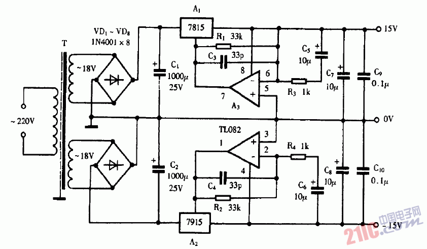 巧用TL082作高性能稳压电源电路图