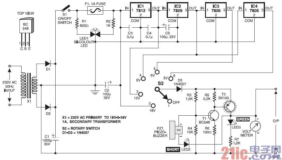 4输出级（5V/6V/9V/12V）直流稳压电源电路图