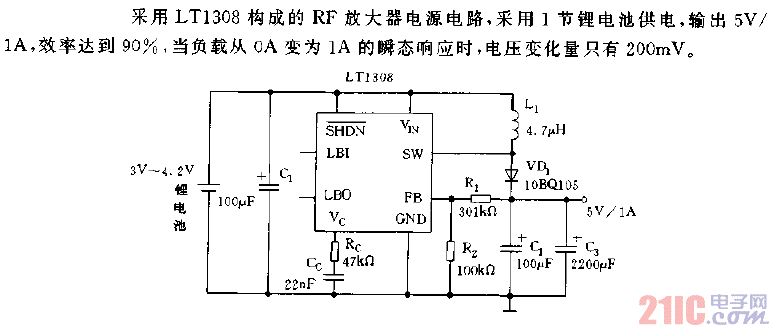 采用LT1308构成的RF放大器电源电路图.gif