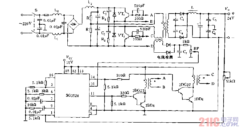 采用SG3524构成的半桥型开关稳压电源电路图.gif