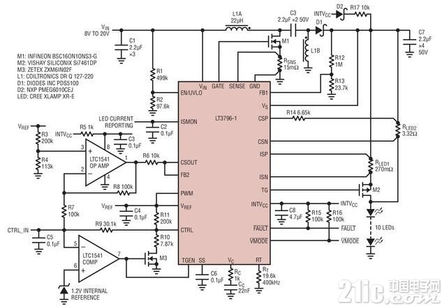 SEPIC LED驱动器LT3796电路图
