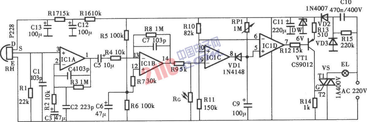 采用P228热释电红外控制照明灯电路图