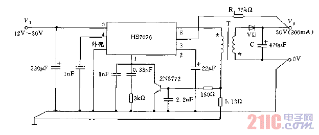采用HS7076构成的变压器耦合DC,DC变换器电路图.gif