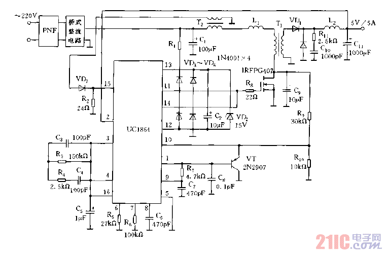 由UC1864构成的开关电源实例电路图.gif